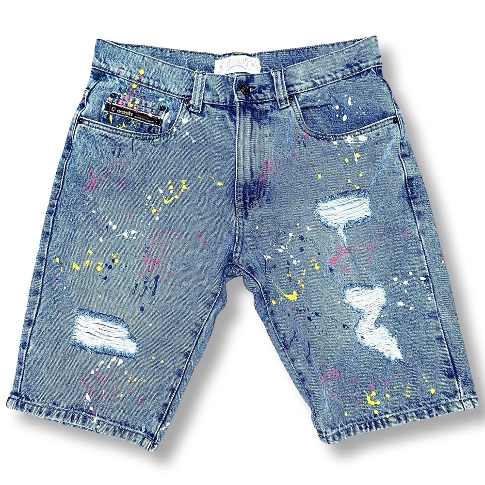 Jeanius Akademiks Denim Shorts Mens 32 Paint Splatter Distressed Streetwear Y2K